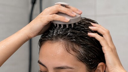 Fototapeta premium Woman using silicone scalp massager brush to wash hair in shower. Concept of hair care routine, scalp health, deep cleaning and hair growth massage treatment for healthy hair at home