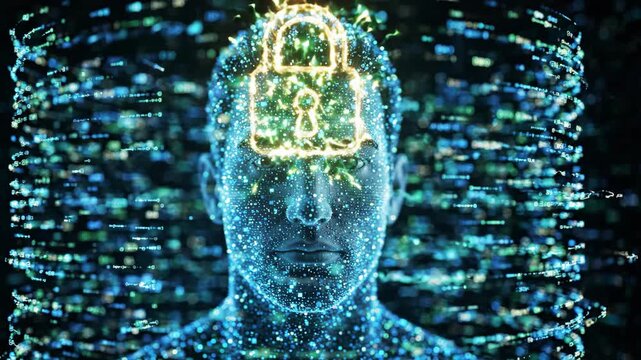 Digital security artificial intelligence data protection cyber privacy futuristic technology with glowing lock, human face, virtual network encryption, innovation, blue abstract background