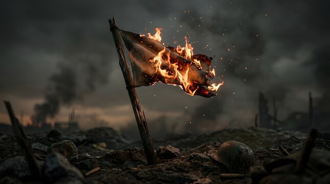 Burning flag on a battlefield evokes themes of destruction conflict and resilience in a dramatic nighttime setting