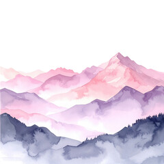 Fototapeta premium Soft watercolor painting depicts layered mountain range under a black sky. Misty, pastel colors