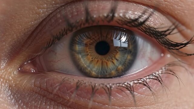 Close up macro tracking shot of an open greenish grey eye looking directly forward with a peaceful neutral facial expression for optical science research, contact lens manufacturing tests, or security