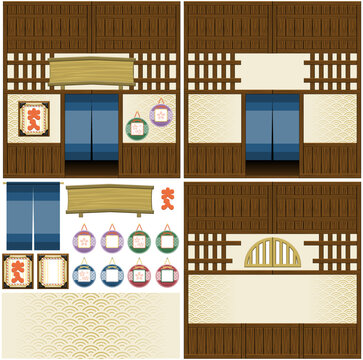 和風なお店の店内シームレス背景・フレーム素材セット（Japanese Traditional Shop Interior Seamless Frame Set）