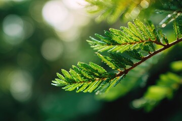 Fototapeta premium A delicate branch with vibrant green leaves is illuminated by soft sunlight, creating a tranquil natural scene.