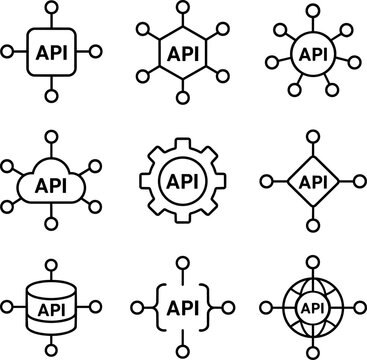 API integration symbols set with cloud gear database and network nodes
