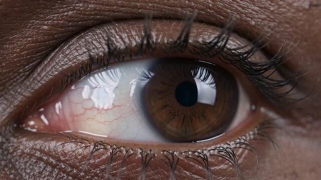 Sharp close up view of a deep brown human eye with thick dark eyelashes and soft window light reflections across the cornea surface depicting calmness, authentic gaze focus, or personal psychological 