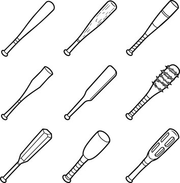 Collection of baseball bats including wooden metal and spiked variants