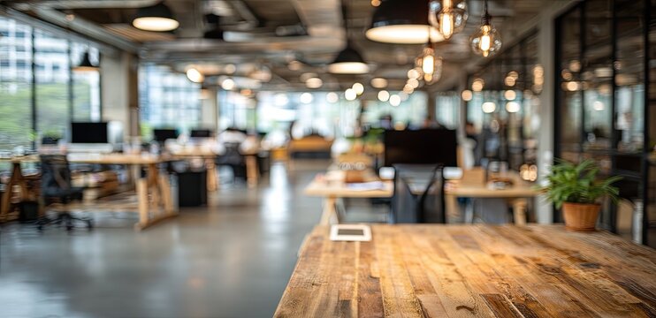 A blurred view of a modern, open-plan office space with a wooden desk in the foreground, showcasing a collaborative and contemporary work environment.