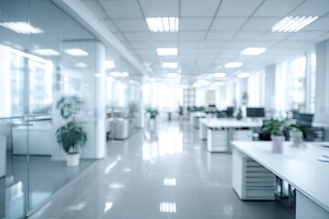 Fototapeta premium A blurred, modern office space showcases rows of desks and bright lighting, creating a sense of spaciousness and professional activity.