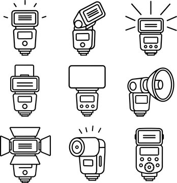 Camera flash and studio lighting equipment outline set