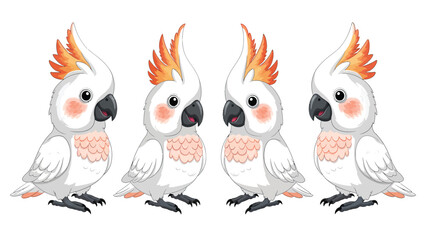 Naklejka premium Four cute cartoon cockatoos with orange crests and pink chests, isolated on a white background.