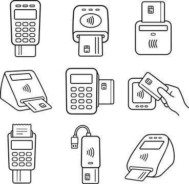 Contactless payment terminals and smart card readers outline set