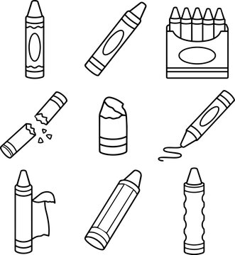 Crayon set with single crayons box broken piece and drawing outline