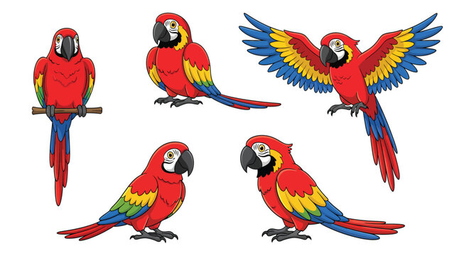 Collection of five colorful cartoon Scarlet Macaw parrots in various poses on a white background.
