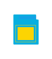 Retro cartridge sticker in flat style with console and portable game gadget. Entertainment and videogame concepts, blue yellow color. Video fun item for digital play. © Moonnoon
