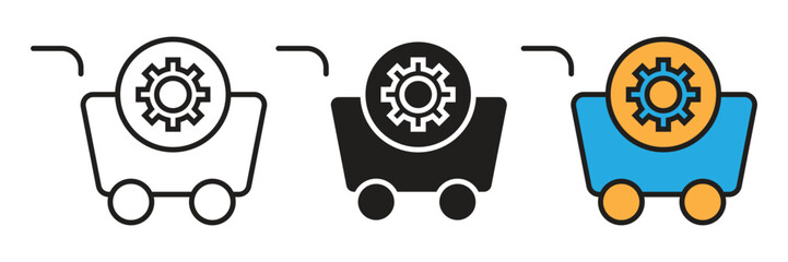 Resource Processing Management Icon. Industrial mining cart with an integrated gear mechanism representing production control workflow optimization and mechanical engineering operation management. © sunaerih