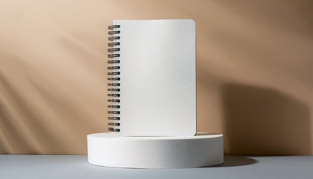 blank spiral notebook mockup floating above round podium for branding identity presentation showcase display