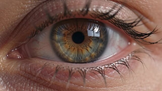 Macro shot of an open multi colored hazel green human eye looking around with fine natural eyelashes and delicate skin lines underneath the lower eyelid for ophthalmology diagnostics, optics checks, o