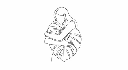 Obraz premium Minimalist line art illustration of a woman embracing a large monstera leaf.