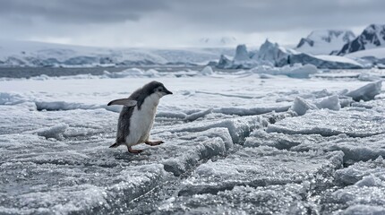 Obraz premium Charming Penguin Chick Navigates Icy Antarctic Landscape with Snowy Peaks in Background