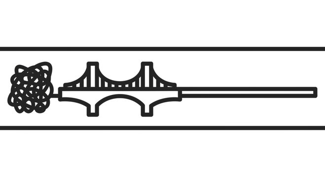 A minimalist line art illustration featuring a bridge connecting a tangled scribble to a straight line.