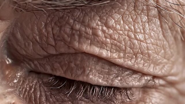 Macro view of a closed elderly eye showing distinct wrinkles, deep fine lines, and crow's feet on mature aging skin textures representing human maturity, old age, advanced dermatology skincare treatme