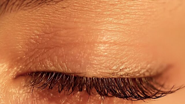 Close up macro shot of a closed human eye showing the smooth clean texture of natural pale skin on the eyelid and fine eyelashes during peaceful sleep, relaxation, mindfulness meditation, or clinical 