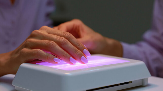 Manicurist applying a top coat shellac to nails with one hand drying under a UV lamp, professional gel polish salon concept, with copy space