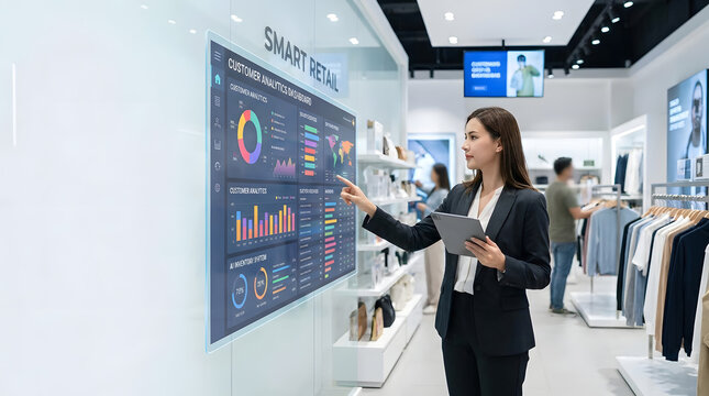 Professional asian businesswoman using a digital tablet to interact with a smart retail analytics dashboard in a store
