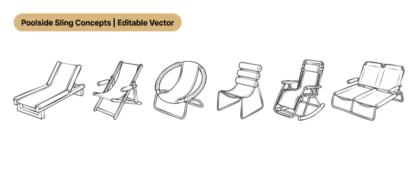 Poolside sling chair vector icons depicting modern outdoor patio furniture set with deck loungers, beach recliners, rocking chairs, and double sunbeds for summer backyard relaxation, outline line art