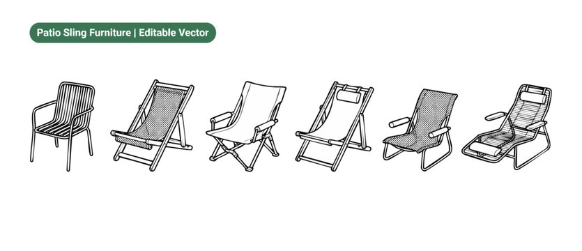 Patio sling chair vector icon set of outdoor lounge furniture for summer deck relaxation. Minimalist line art outline illustration of deckchair, sun lounger, folding camp seat, and backyard armchair.
