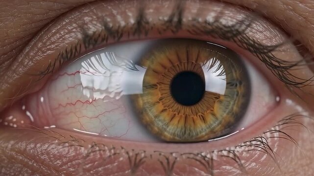 Extreme macro view of an open hazel brown iris and pupil with sharp window pane light reflections on the wet cornea surface representing advanced biometric security scan iris recognition and human vis