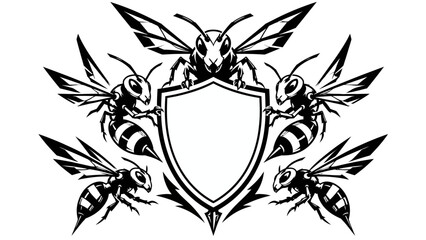 Fototapeta premium A shield emblem with four attacking wasps on a white background