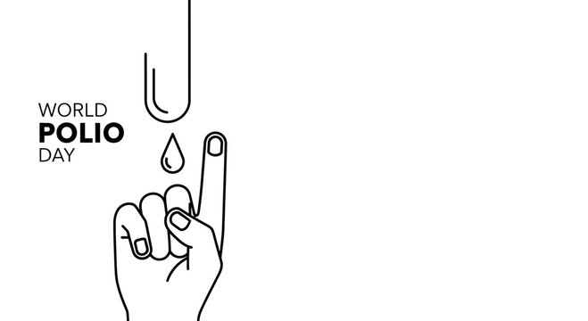 Minimalist line art illustration depicting a hand receiving a polio vaccine drop for World Polio Day.