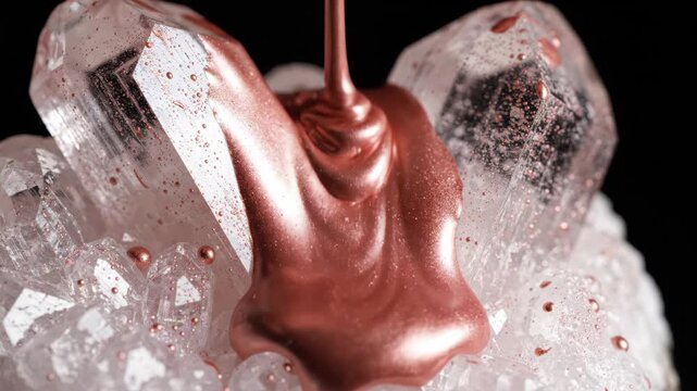 Metallic rose gold paint pouring over clear quartz crystal cluster with sparkling shiny texture and smooth artistic flow black