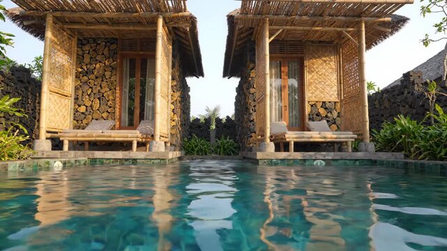 Bamboo cottage with stone walls and thatched roof beside clear blue pool and water in tropical sunny garden with lounge chairs