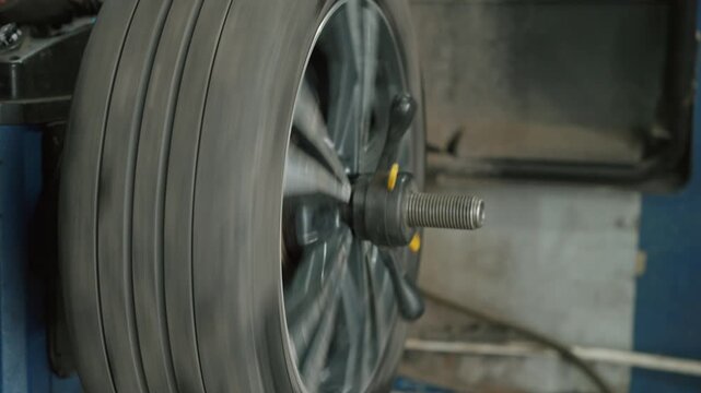 Close up view of a spinning car wheel on a balancing machine in an auto repair shop, ensuring proper weight distribution for smooth driving and vehicle safety during seasonal tire changeover