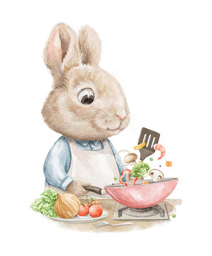 Easter cartoon cute Chef cook bunny rabbit boy in blue shirt cooking food vegetables with frying pan isolated on white background. Watercolor and pencil hand drawn illustration sketch