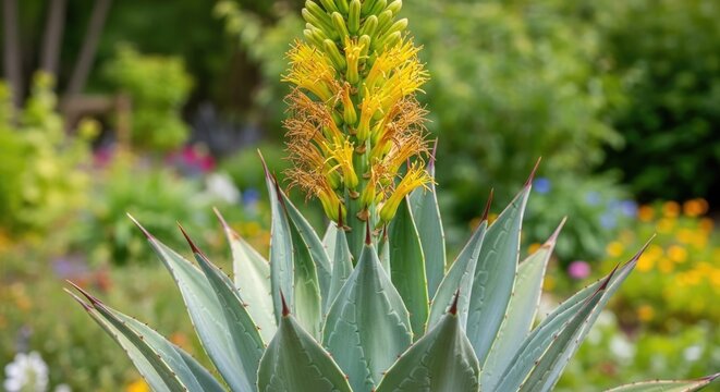 AClose-up of a flowering succulent plant with tall yellow-orange bloom spike and thick pointed leaves, set in a lush garden background with vibrant natural colors