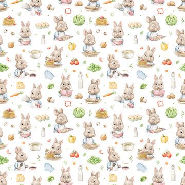 Seamless pattern set with easter Chef cook bunnies rabbits hares boys in clothes cooking variety of food in kitchen and tastes it. Watercolor hand drawn illustration sketch