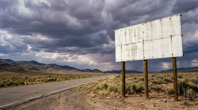 Empty Weathered Billboard on an Open Road Under Dramatic Skies