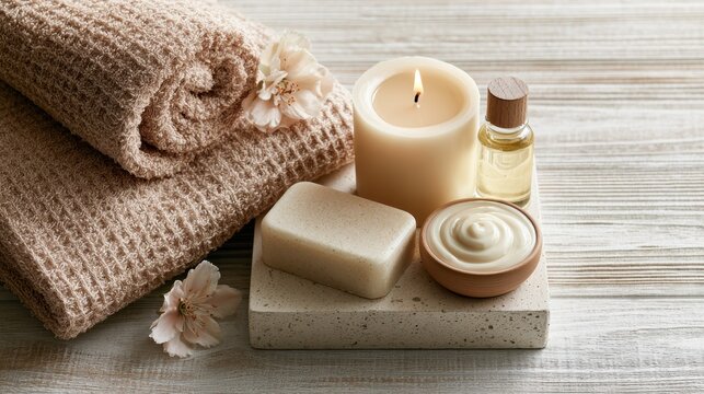 Beautiful spa treatment composition such as Towels, candles, essential oils, Massage Stones on light wooden background. blur living room, natural creams and moisturizing Healthy lifestyle, body care