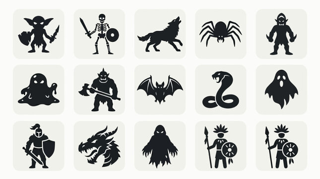 Flat minimal vector icon set of 12 adventure enemy silhouettes: goblin, skeleton, wolf, giant spider, slime monster, orc, bat creature, snake enemy, armored knight enemy, dragon head, shadow monster, 