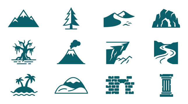 Premium flat minimal vector icon set of 12 adventure environment elements: mountain, forest tree, desert dune, cave rock, swamp tree, volcano, cliff edge, river bend, island, snowy hill, ruins wall