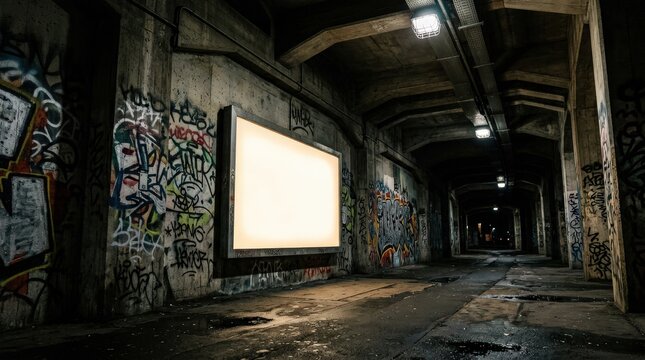 Graffiti covered concrete underpass tunnel with illuminated blank billboard display, urban gritty aesthetic, night scene