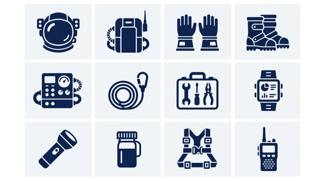 Premium flat minimal vector icon set of 12 astronaut equipment: space helmet, oxygen backpack, space gloves, space boots, life support unit, tether cable, astronaut tool kit, wrist computer,