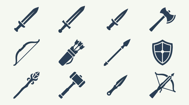 Flat minimal vector icon set of 12 fantasy adventure weapons: short sword, long sword, dagger, axe, bow, arrow bundle, spear, shield, magic staff, hammer, throwing knife, crossbow