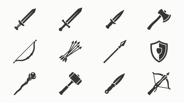 Flat minimal vector icon set of 12 fantasy adventure weapons: short sword, long sword, dagger, axe, bow, arrow bundle, spear, shield, magic staff, hammer, throwing knife, crossbow