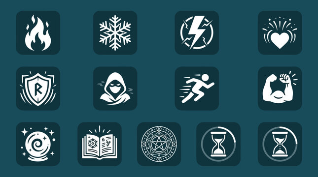 Flat minimal vector icon set of 12 magic and skill icons: fire spell, ice spell, lightning bolt, healing aura, shield spell, stealth icon, speed boost, strength buff, mana orb, skill book