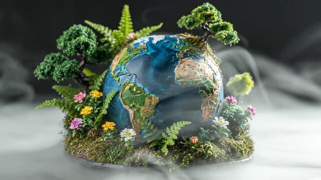 Earth globe model with trees, flowers, and atmospheric fog