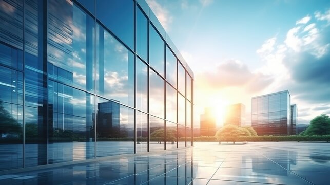 Modern office building or business center. High-rise window buildings made of glass reflect the clouds and the sunlight. empty street outside  wall modernity civilization. growing up business